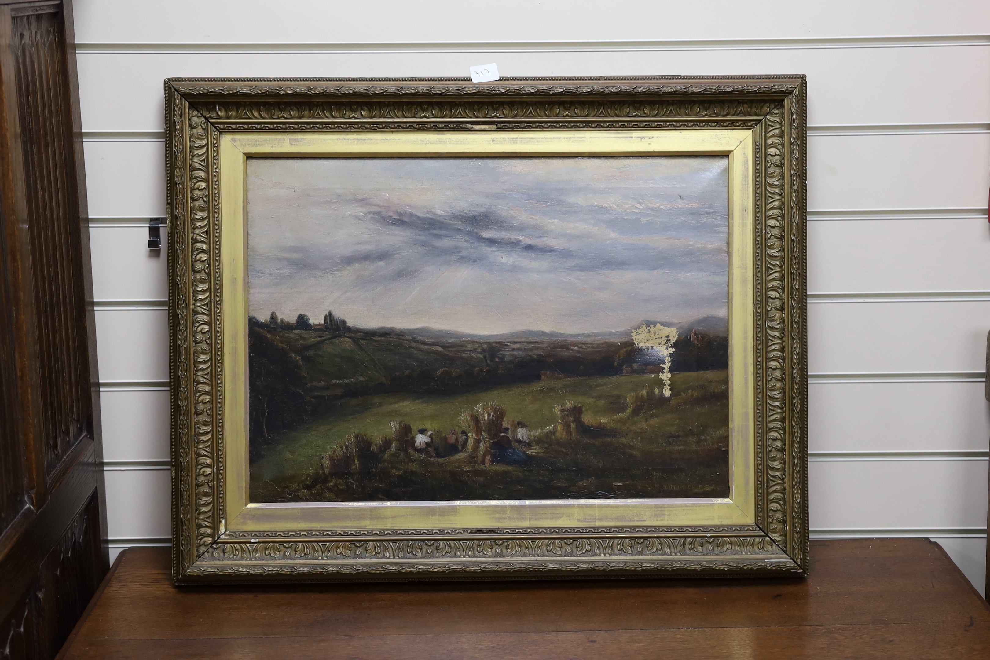 J. McCulloch RSA, oil on canvas, Harvesters at rest in a landscape, signed, 40 x 56cm, canvas dented